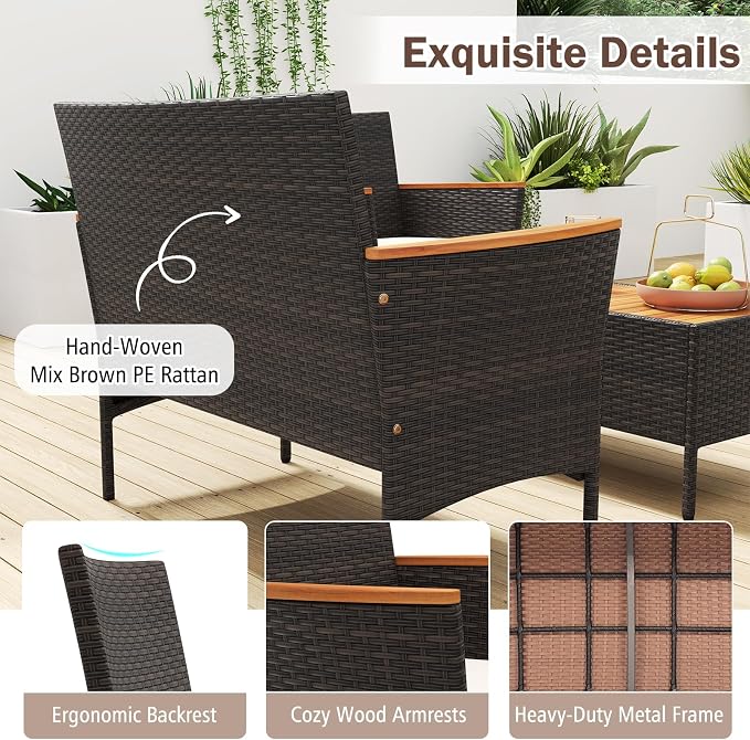 Tangkula 8 Pieces Patio Wicker Sofa Set, 2 Rattan Chairs & Loveseat w/Coffee Table, Acacia Wood Armrests & Tabletop, Outdoor Cushioned Conversation Set for Backyard, Poolside (Beige, 8 Pieces)