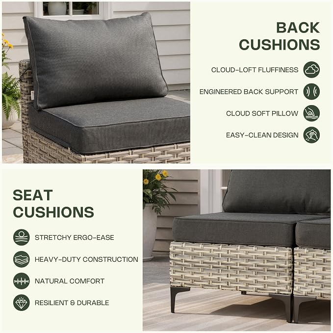 5 Piece Outdoor Sectional Patio Furniture Set with Solar Lighted Coffee Table, Modular Wicker Conversation Set with Flexible L-Shaped Layout for Porch Balcony Backyard, Black