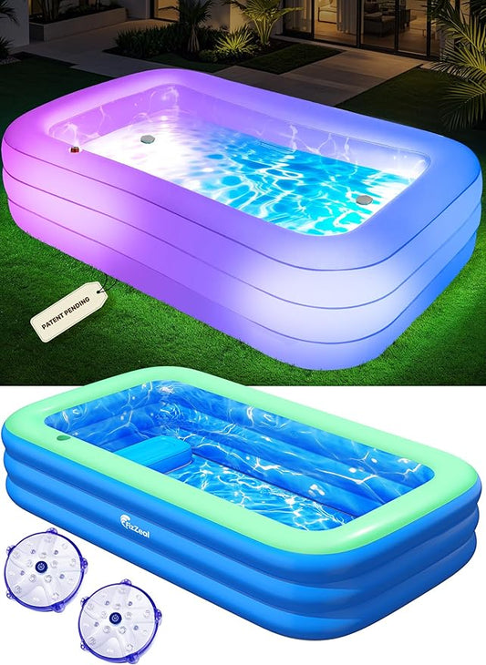 Inflatable Pool with Seat and Pool Lights, Durable Thickened Large Size Inflatable Pools for Adults Blow Up Pools,110" x 63" x 20"Swimming Inflatable PooI for Backyard,Outdoor (Cyan)