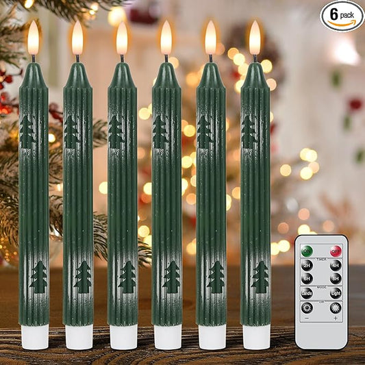 Wondise Christmas Flameless Taper Candles with Remote and Timer, Battery Operated 3D Wick Real Wax LED Candles with Painted Christmas Tree 6 Packs for Christmas Holiday Decor(0.78 x 9.45 Inch)