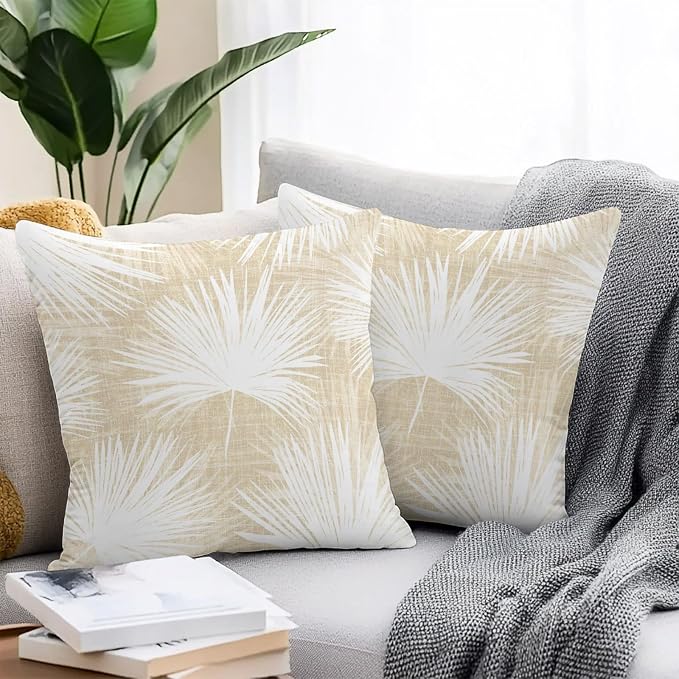 Throw Pillow Covers 18x18 Inch Set of 2, Cream Palm Leaves Coastal Waterproof Outdoor Pillow Covers, Summer Tropical Botanical Boho Decorative Cushion Pillowcases for Couch, Sofa, Bed, Garden, Patio