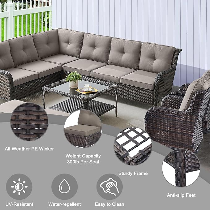 HUMMUH 8 Pieces Outdoor Patio Furniture Set with Fire Pit,L-Shaped Modular Sectional Couches with Swivel Patio Chairs,Wicker Conversation Set for Deck,Backyard,Porch,Garden