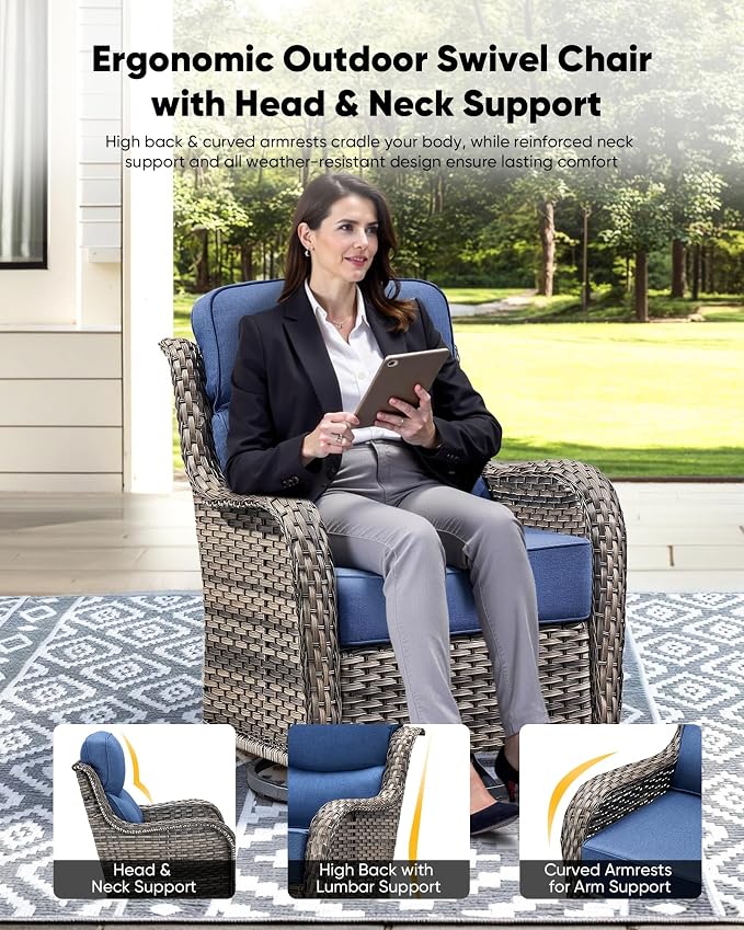 HUMMUH Wicker Patio Furniture Set 6 Inch Thick Cushion Outdoor Swivel Rocker Patio Chairs with Deep Seat Sofa 5PCS Outdoor Furniture Set for Porch Garden Deck