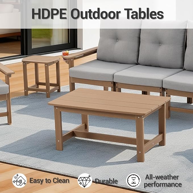 HDPE 7 Piece Patio Furniture Set, Outdoor Sectional Sofa with Coffee Table, Side Table and Seat Cusions, Patio Conversation Set for Party, Backyard, Porch, Deck, Poolside, Brown & Grey