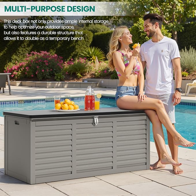 HUGROVE Resin Deck Box, 130 Gallon Outdoor Storage Box with Lockable Lid, Waterproof Patio Storage for Garden Tools & Outdoor Accessories (Light Gray)
