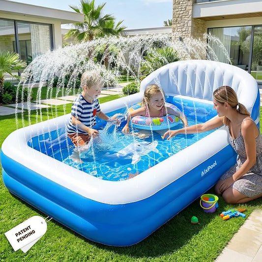 2026 Inflatable Pool with Sprinkler,Durable Blow up Pool with Big Backrest, Rectangle Kid Pool Backyard,Children Swimming Pool,Small Inflatable Kiddie Pool,Outdoor Water Pool for Kid69×39×23IN