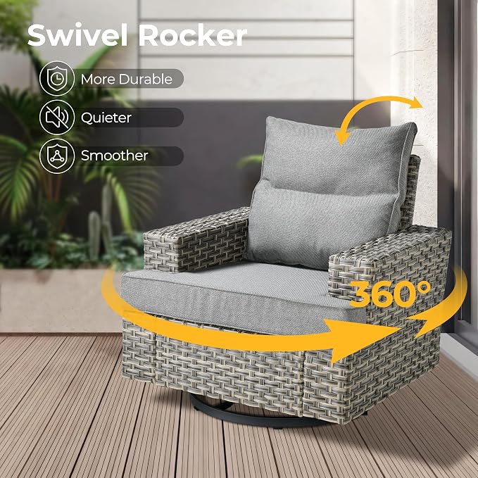 HOOOWOOO Outdoor Sectional Patio Furniture Set with Fire Pit Table,15 Pieces Wicker Conversation Sets L Shaped Couch,Extra Deep Out Door Sofa Outside Furniture with Swivel Chairs Ottoman,Charcoal Gray