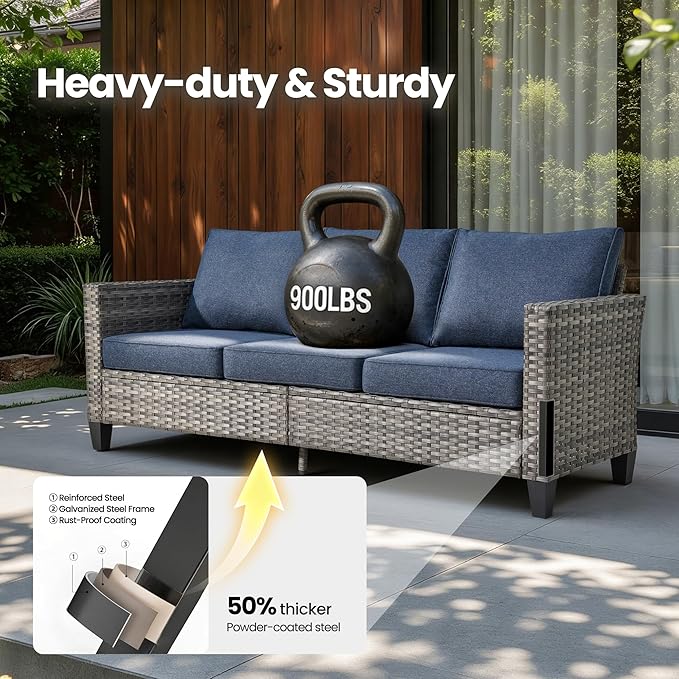 7 Piece Wicker Patio Furniture Set with Firepit Table, Denim Blue | Outdoor Deep Seating Sofa Chair Ottoman, Firepit, Solar Lights Table, Modern Conversation Set, Porch Deck Backyard