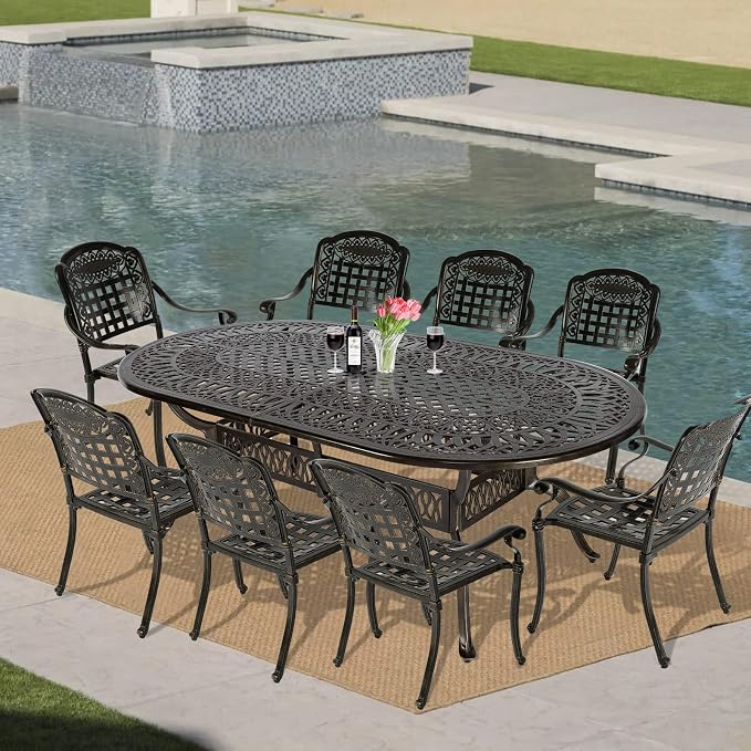 VIVIJASON 9-Piece Outdoor Patio Furniture Dining Set, All-Weather Cast Aluminum Conversation Set, Include 8 Chairs and an Oval Table with Umbrella Hole for Balcony Lawn Garden Backyard