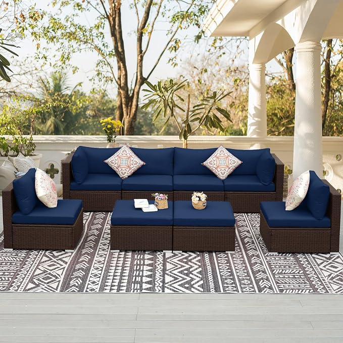 NICESOUL 8 Person Modern Deck Furniture Set, 29.3'' High Back Comfy Outdoor Sectional Sofa Set, Extra Large Wicker Patio Conversation Seating Sets for Terrace, Brown Rattan and Navy Blue Cushion