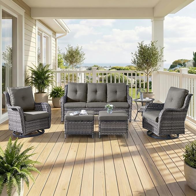 6 Piece Patio Furniture Set with Ottoman - All Weather Patio Conversation Set with 4 Inch Thick Cushions and Deep Seating Swivel Glider Chairs & Outdoor Couch for Porch Deck Yard Pool
