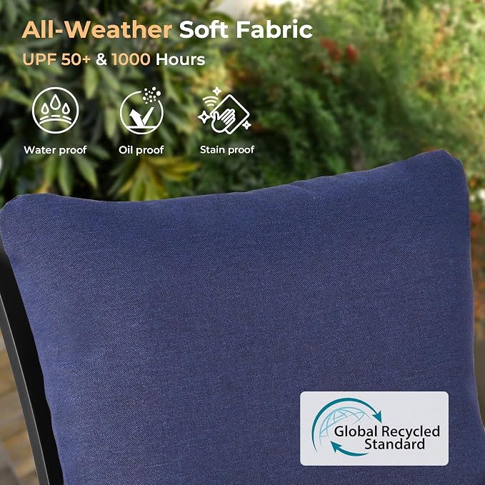 HAPPATIO 7-Piece Patio Dining Set, Outdoor Dining Set with Powder-Coated Metal,Dining Table with Umbrella Hole, 4 Stackable and 2 Swivel Chairs with Removable Cushions for Porch Pool Garden, Navy Blue