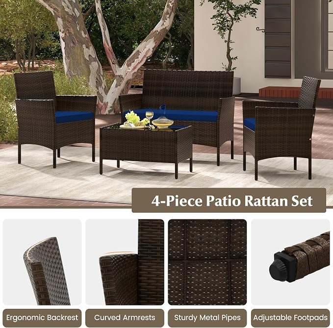 Tangkula 8 Piece Patio Rattan Conversation Set, Outdoor Wicker Furniture Set with Chair, Loveseat & Tempered Glass Table, Cozy Seat Cushions, Outside Sectional Sofa Set for Backyard, Porch