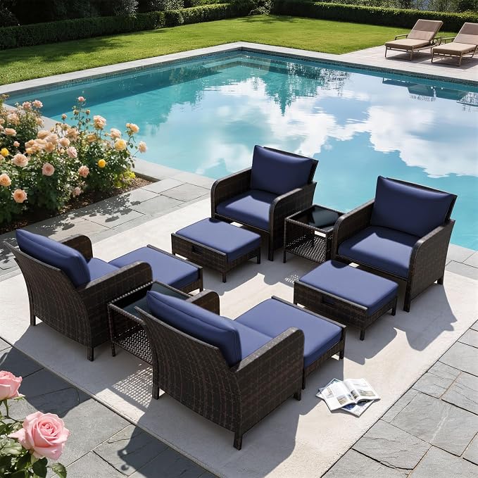 LEVELEVE Patio Conversation Set 5 Piece, Balcony Furniture Outdoor PE Rattan Wicker Lounge Chairs with Soft Cushions, 2 Ottomans & Glass Table for Porch Lawn, Brown (Blue Cushions