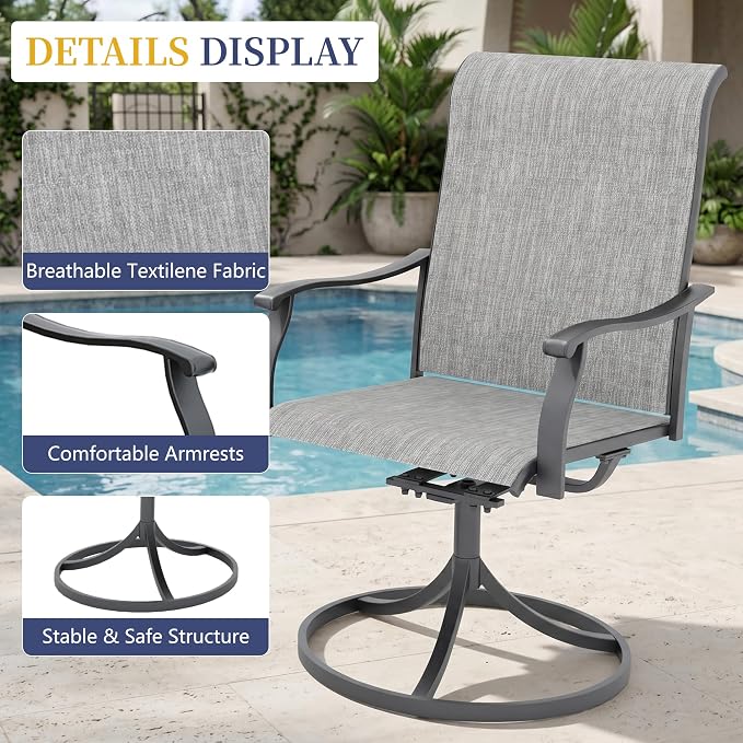 Anmutig 7-Piece Patio Dining Set, Outdoor Furniture 6 Sling Dining Swivel Chairs and Steel Frame Slat Larger Rectangular Table with 1.57" Umbrella Hole for Backyard, Grey