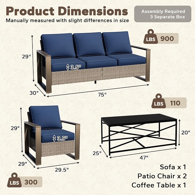 4 Pieces Patio Furniture Set with Wicker 75" Sofa, Two Armchairs, One Coffee Table, All Weather Outdoor Conversation Furniture Set with Metal Armrest & Removable Cushions for Deck, Dark Blue