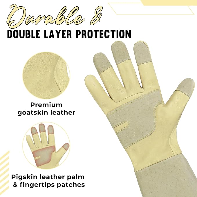 HANDLANDY Rose Pruning Gloves for Men Women, Thorn Proof Gardening Gloves | Long Leather Gardening Gloves, Breathable Leather Gauntlet, Best Garden Gifts & Tools for Gardener (Vanilla, XL)