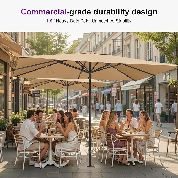 PURPLE LEAF 12' x 9' Rectangular Semi-Auto Outdoor Patio Umbrella Aluminium Market Umbrella Table Sun Umbrella with 1.89" Rod and 8 Sturdy Ribs for Deck Lawn Pool Garden, Beige