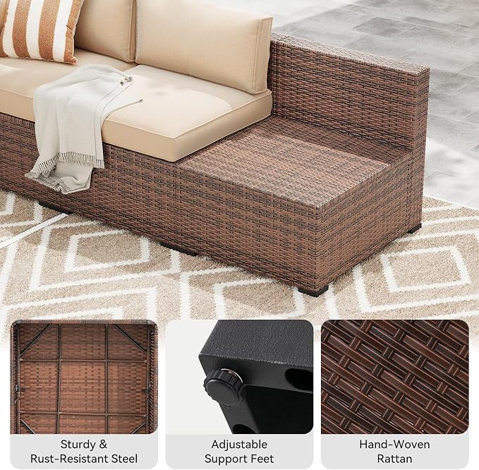 LazySunsets 8-Piece Patio Furniture Set with 44" Fire Pit Table, Wicker Outdoor Furniture, Patio Conversation Sets with Coffee Table, Outdoor Sectional Couch, Beige