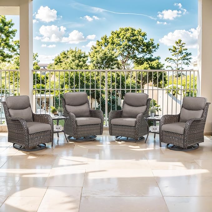 Outdoor Swivel Rocker Patio Chairs Set of 4 with Side Table - 5" Thick Cushion 6 Piece Furniture Set All Weather Comfortable Wicker Conversation Set for Porch Poolside and Deck - Brown/Gray