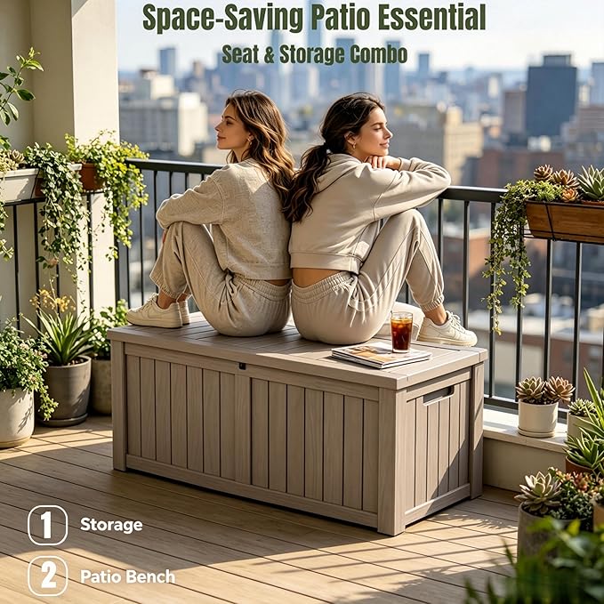 151 Gallon Large Resin Outdoor Storage Box, Waterproof Deck Box, Lockable Deck Container with Reinforced Support, Outdoor Chest for Patio Accessories, Outdoor Cushions, Garden Tools, Taupe Gray