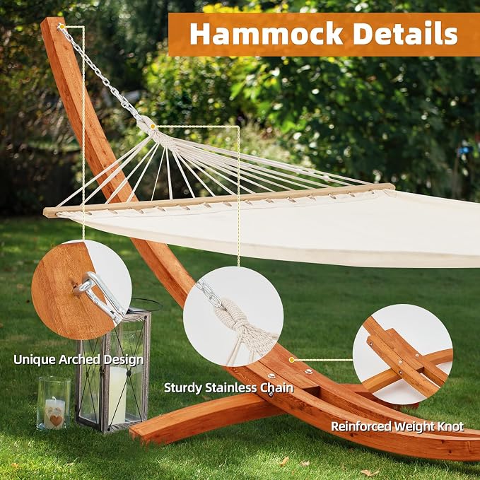 ECOTOUGE 14 FT Wooden Hammock with Stand, Outdoor Double Hammock with Wood Stand 2 Person Heavy Duty Hammock and Stand for Outside Backyard, Balcony, Porch, Patio, Garden, 550 lbs Capacity, White
