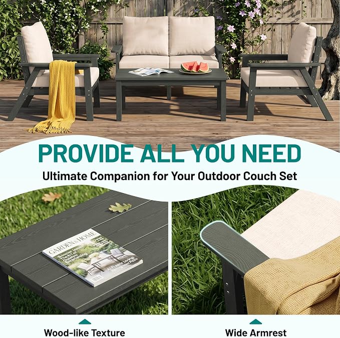 PLUUV 5-Piece HDPE Patio Furniture Set, Outdoor Sectional Conversation Set with Thick Washable Cushions & Coffee Table, All-Weather Modular Couch, Gray Frame with Khaki Cushion