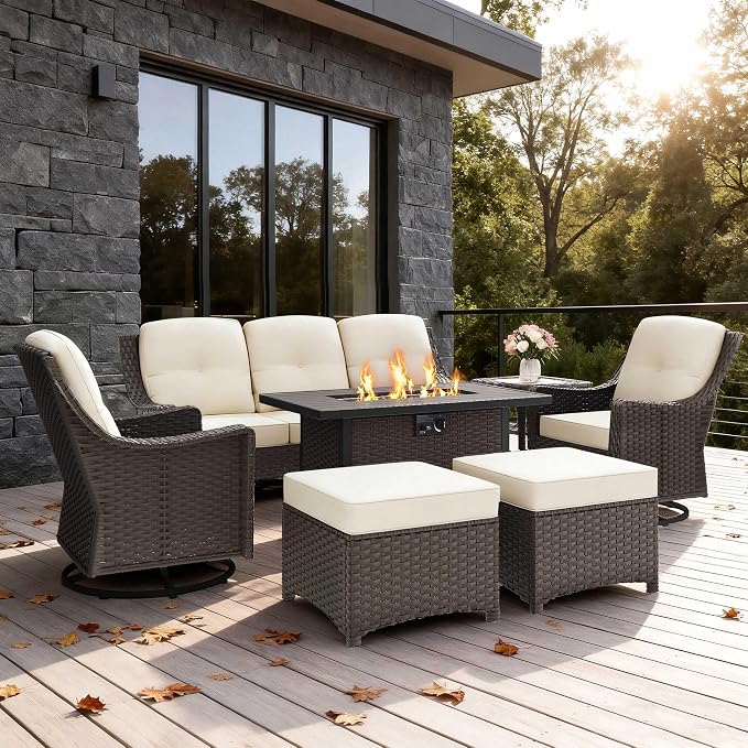 7-Piece Patio Furniture Set Includes Fire PitTable Outdoor Fumiture Combination Rattan Swivel ChairRattan Sofa with Coffee Table Suitable for Gardens,Patios,and Poolside (Beige)