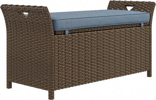Outdoor Rattan Wicker Storage Bench with Cushion, Patio Storage Deck Box for Outdoor Furniture Cushions, Garden Tools (Dark Blue)