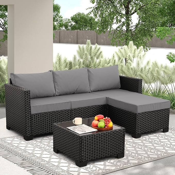 Oasishine Wicker Patio Furniture Patio Couch 3 Pieces Outdoor Sectional with Ottoman and Outdoor Glass Table Weathering Anti-Slip Cushions Furniture Covers, Light Grey