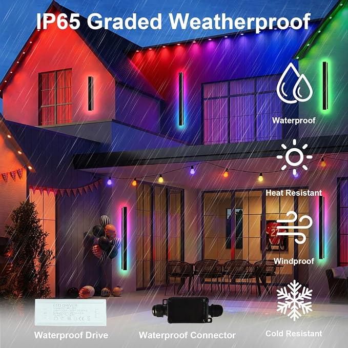 Modern Outdoor RGB Wall Lights, 31.5 Inch RGB Warm White Dimmable Exterior Wall Sconce, Ip65 Waterproof Black Linear Long Wall Light with Remote and APP Control for House, Garage, Front Door, Porch