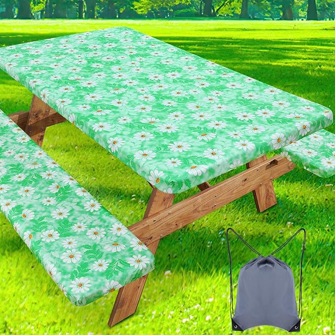 misaya Picnic Table Cover with Bench Cover, Waterproof Elastic Fitted Tablecloth for 8 Foot Tables, Rectangle Washable Polyester Tablecloths for Picnic, Camping, Outdoor (Green Daisy, 30" x 96")