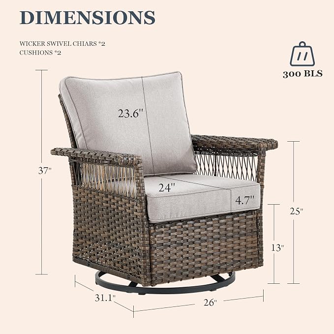 Patio Furniture Set 2 Wicker Swivel Glider Chairs with PE Rattan Side Table Set Brown Wicker Beige Cushions Patio Conversation Set 3pcs for Garden Balcony Sunroom Backyard Poolside