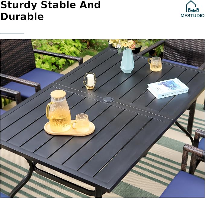 MFSTUDIO 7 Piece Outdoor Dining Set, 60” Rectangular Metal Table with Umbrella Hole & Cushioned Rattan Chairs, Patio Wicker Dining Table Furniture Set for 6, Deck, Porch