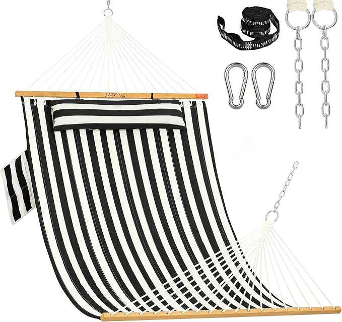 Lazy Daze Hammocks 10.5FT 2 Person Double Quilted Fabric Hammock with Spreader Bar, Detachable Pillow, Side Pocket, Carabiners, Chains, Straps for Outdoor, 450lbs Capacity, Black White Stripes