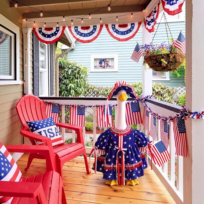Outus 4th of July Porch Goose Outfit Includes Independence Day Dresses Clothes Hat and American Flag 23 Inch Patriotic Goose Porch Clothing for 4th of July 250th Anniversary Garden Yard Decoration