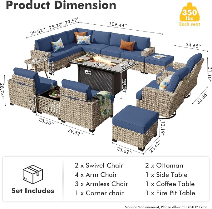 HOOOWOOO Outdoor Sectional Patio Furniture Set with Fire Pit Table,15 Pieces Wicker Conversation Sets L Shaped Couch,Extra Deep Out Door Sofa Outside Furniture with Swivel Chair Ottoman,Denim Blue
