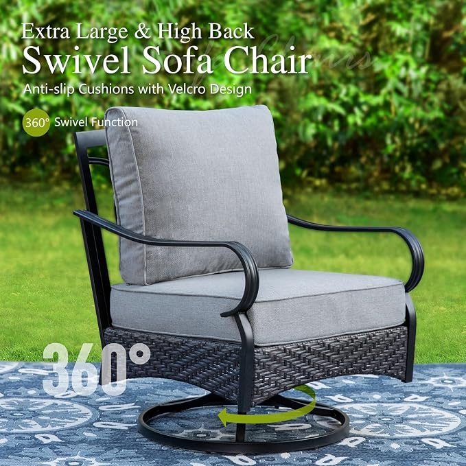 Sophia & William Patio Furniture Set with Fire Pit Table, 4 PCS Metal Outdoor Conversation Set with Fire Pit Table, 2 Swivel Chairs,3-Seater Couch for Outdoor Seating, Backyard, Porch(Grey)