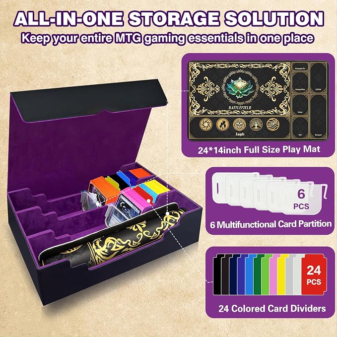 PROMAXIBINDER MTG Commander Deck Case with Playmat, B-Row Trading Card Storage Box Fits 3000+ Cards, 6 Movable Partitions 24 Dividers PU Leather Magnetic Closure, Magic/TCG/YuGiOh/Sport (Black&Purple)