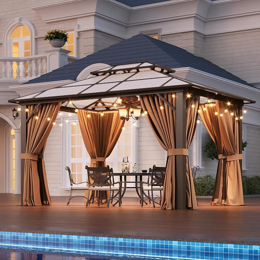 Aoxun 10'x12' Hardtop Gazebo, Aluminum Frame Permanent Pavilion with Netting and Curtains, Outdoor Polycarbonate Double Roof Canopy, Designed for Lawn, Garden, Patio (Brown)