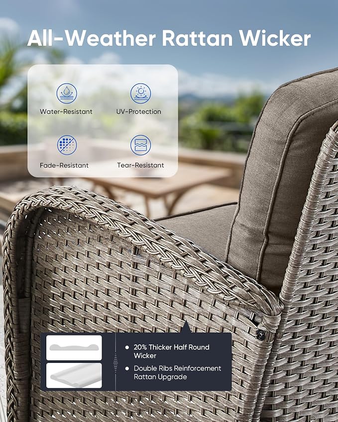 5 Pieces Outdoor Wicker Patio Furniture Set-High Back Outdoor Rocking Chairs Set of 2 with Ottoman Patio Conversation Sets for Deck Lawn Porch Balcony Poolside-Grey/Grey