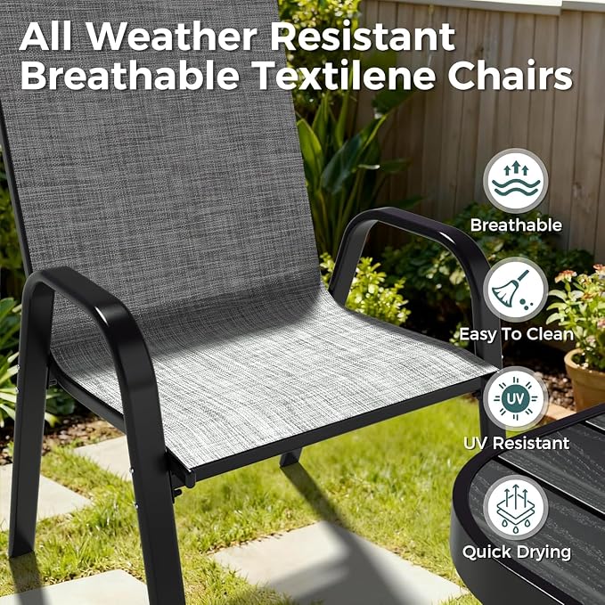 Outdoor Dining Sets for 6, Rectangular Steel Slat Table with 6 Textilene Chairs, 7 Piece Patio Table and Chairs Set with Umbrella Hole for Patio, Backyard, Poolside (Grey, No Umbrella)
