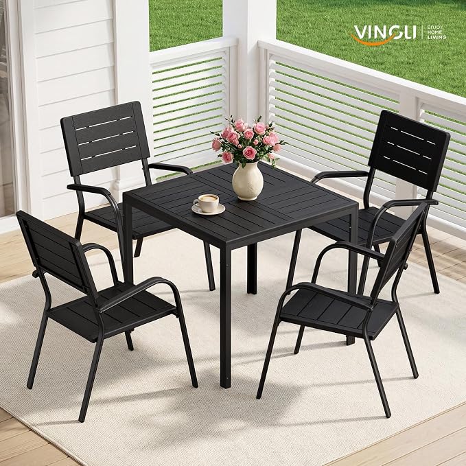 VINGLI Outdoor Patio Dining Chairs, Stackable HDPE All-Weather Arm Chairs, Weatherproof Outdoor Seating for Garden, Backyard, Poolside, Balcony,Black (2 Pack)