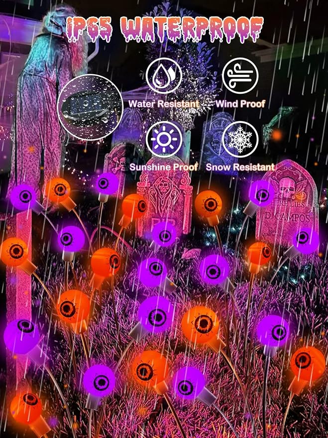 6 Pack Solar Halloween Decorations Outdoor 36 LED Solar Eyeball Lights | Orange and Purple Halloween Lights, Sway by Wind, IP65 Waterproof, 2 Modes, for Pathway Garden Yard Lawn Horror Party Decor