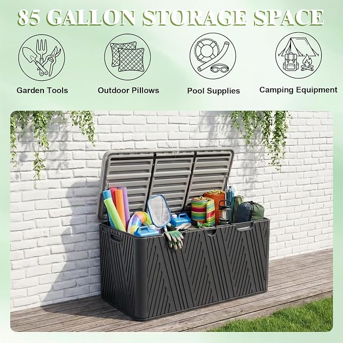 BPS 85 Gallon Resin Deck Box, Outdoor Storage Box Waterproof & Weather-Resistant Lockable, Large Patio Storage Container for Cushions, Garden Tools