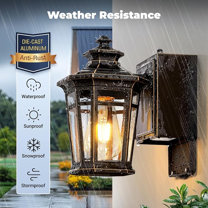 Gleamz 2-Pack ORB Dusk to Dawn Outdoor Lighting with GFCI Outlet, Outside Wall Lights with Gold Trim, Aluminum Exterior Lighting Fixtures Wall Mount, Waterproof Modern Exterior Coach Light Fixtures