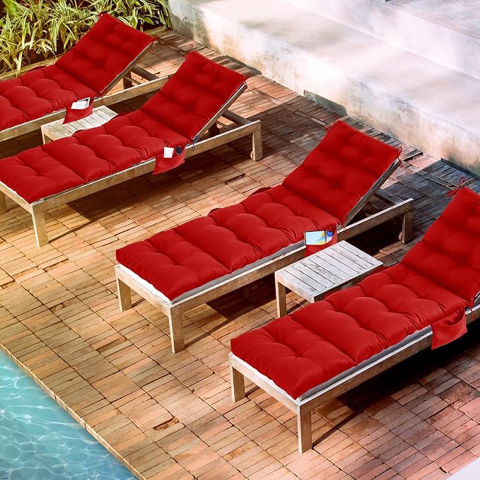 Kigley 2 Pcs Outdoor Chaise Lounge Cushions with 3 Side Pocket 74.5 x 22 x 4.7 Inch Patio Chaise Lounge Cushion, Water-Repellent and Fade-Resistant Tufted Summer Replacement(Red)