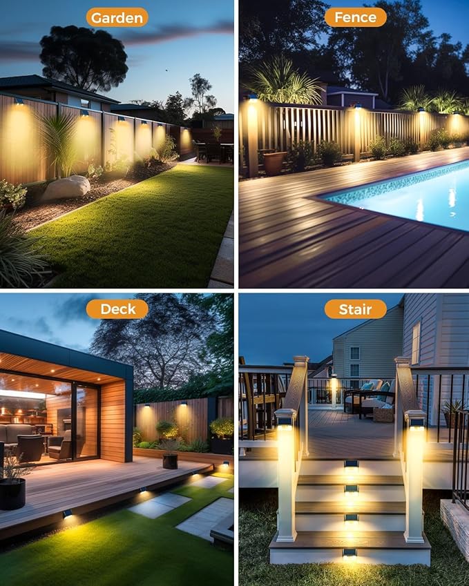 Vighep 4 Pack Solar Fence Lights, Waterproof Motion Sensor Deck Outdoor, Warm White LED Outside Wireless for Wall Yard Steps Stairs Garden - Black