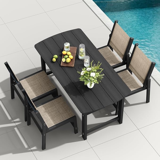 HDPE Outdoor Patio Dining Set with Table & 4 Stackable Armless Textilene Chairs, All-Weather 5-Piece Dining Table Set with Umbrella Hole, Patio Furniture for Garden, Poolside, Backyard, Deck | Black
