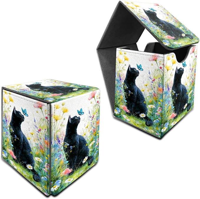 Lawn Black Cat Card Deck Box for MTG, Personalized Card Storage Case Fits 120+ Sleeved Cards, Premium Leather TCG Box with Strong Magnetic Closure for Magic, CCG, PTCG, Baseball Cards